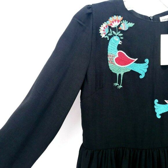 PEPALOVES Birds Embroidered NWT Black Maxi Dress Long-size S - Picture 3 of 11